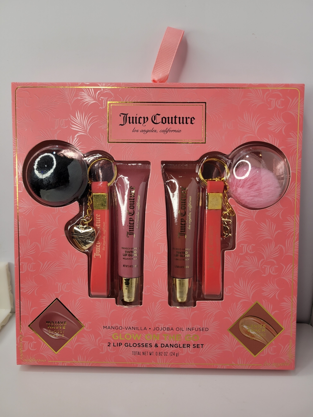 👉✨️Juicy Couture 4 Pc Tinted  Lip Gloss Duo with Dangler  Pom Pom Keychain